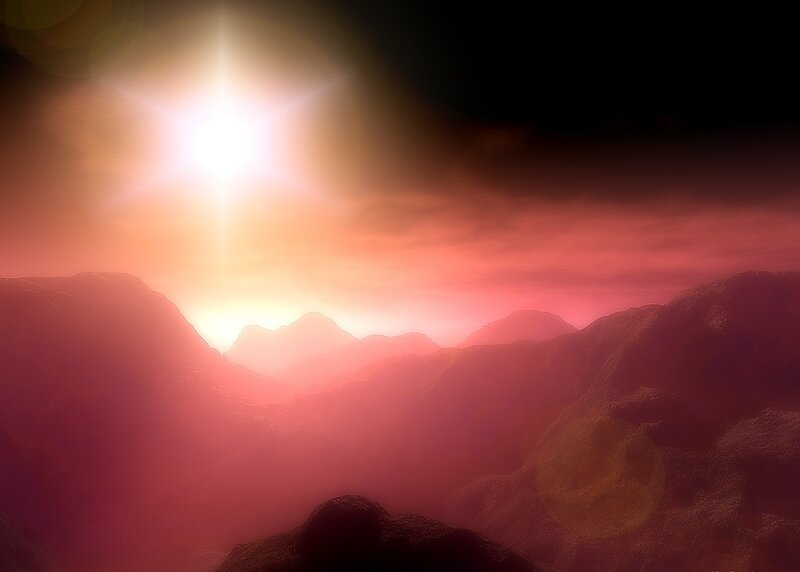 sunset over alien mountains