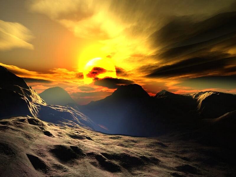 sunset over alien mountains
