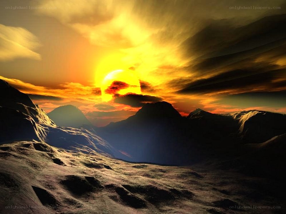 sunset over alien mountains