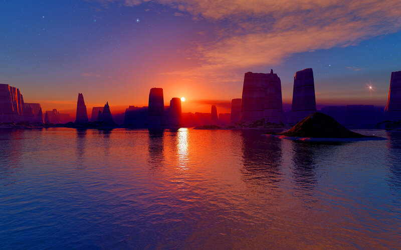 sunset over alien rock formations