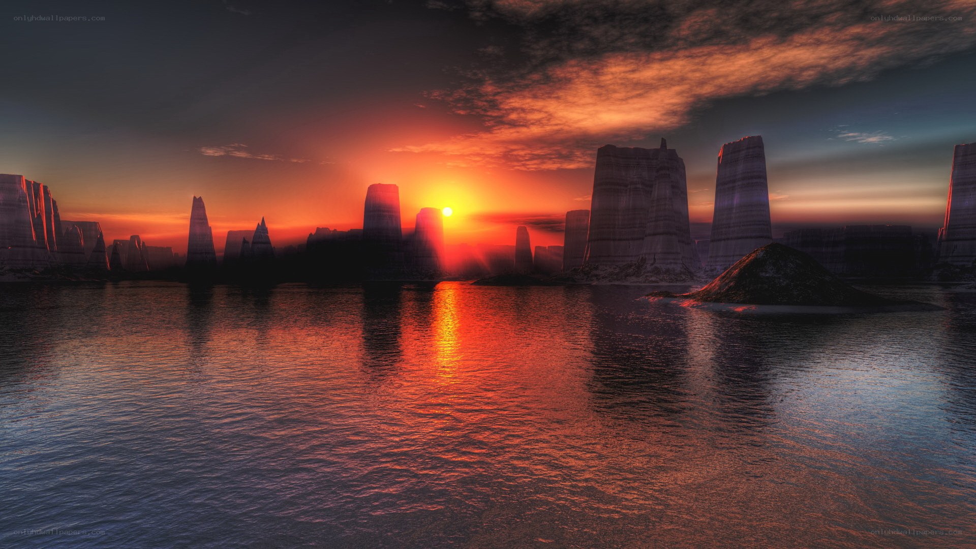 sunset over alien rock formations