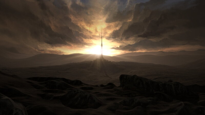 sunset over alien tower