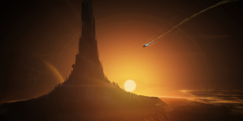 sunset over alien tower
