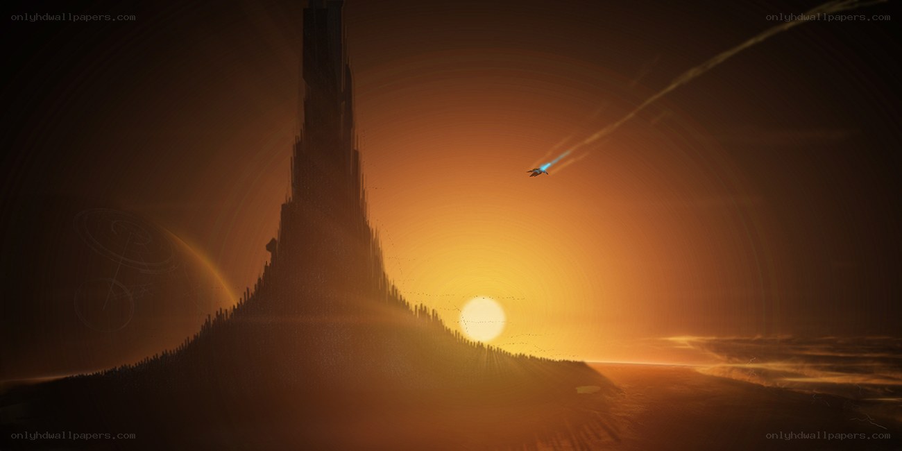 sunset over alien tower
