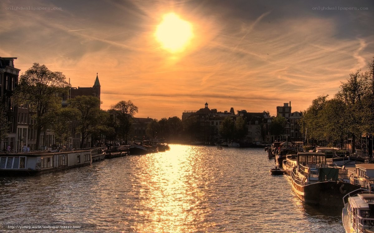 Sunset over Amsterdam canal