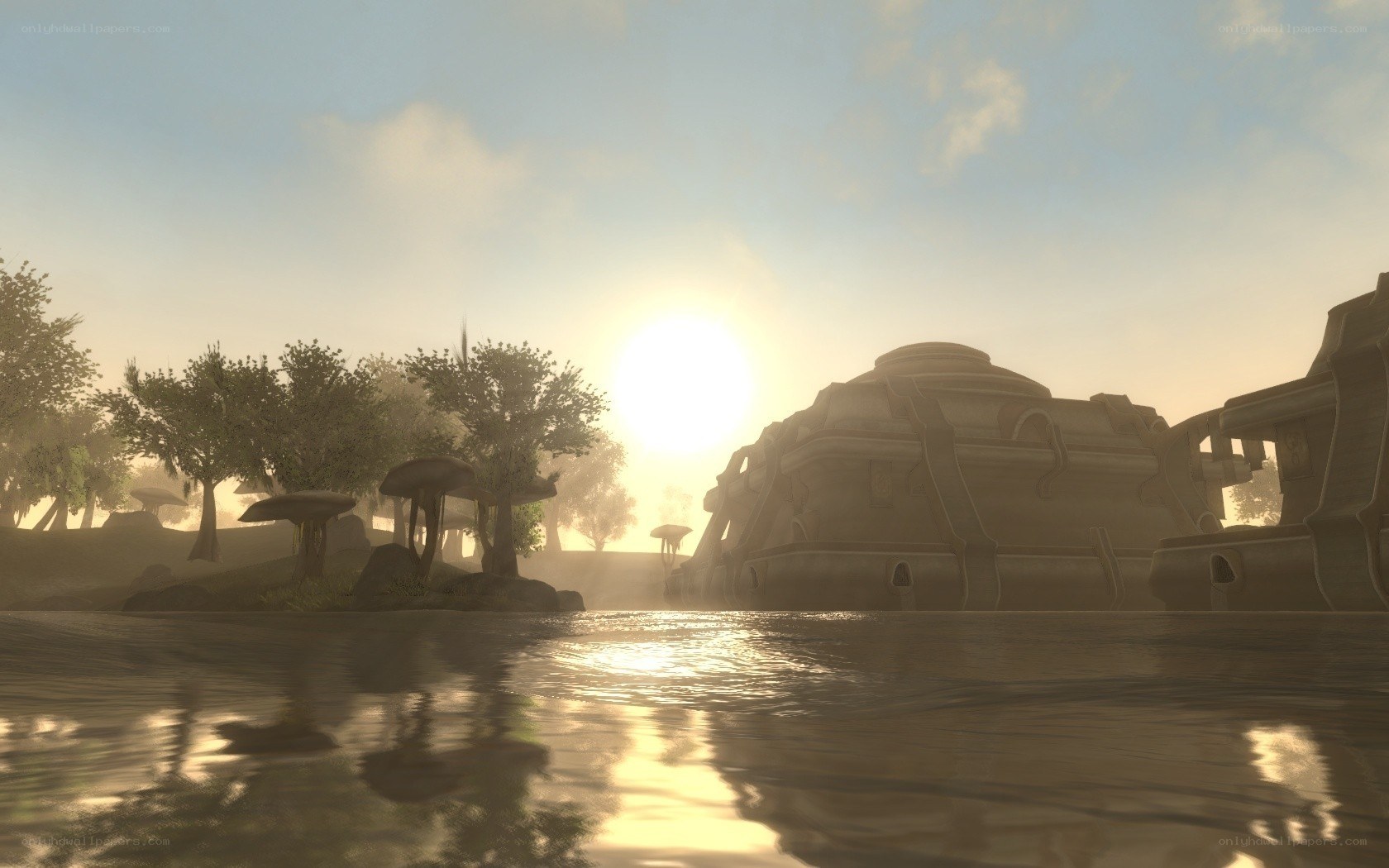sunset over ancient ruins