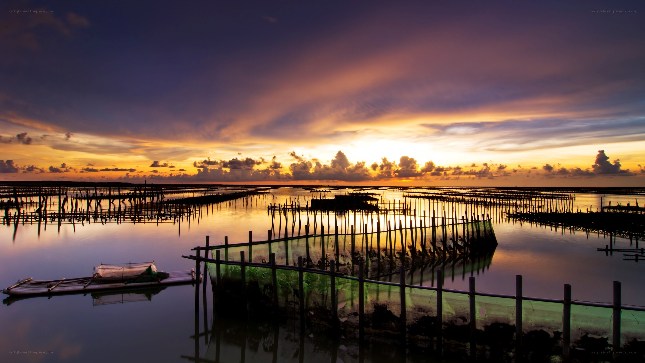 Sunset over aquaculture farm