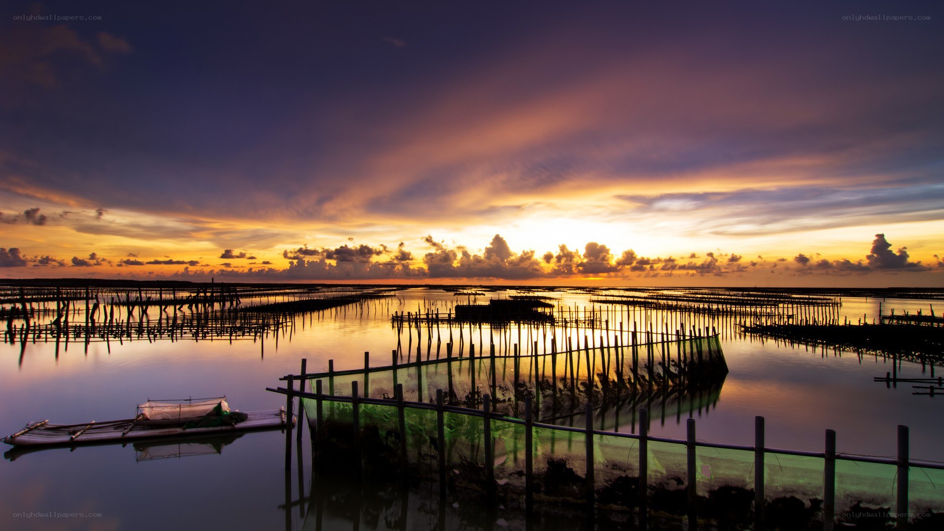 Sunset over aquaculture farm