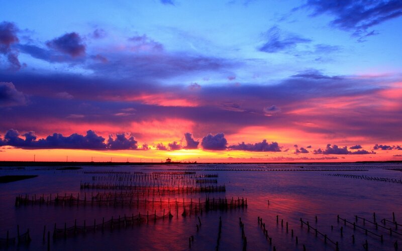 Sunset over Aquaculture Farm — Purple, Dramatic
