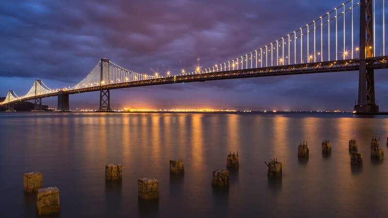 Sunset over Bay Bridge — Blue, Serene, Night