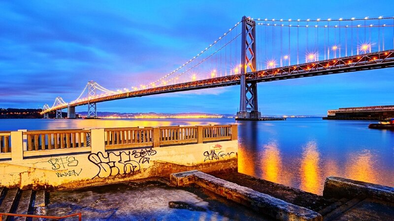 Sunset over Bay Bridge — Blue, Serene, Photograph