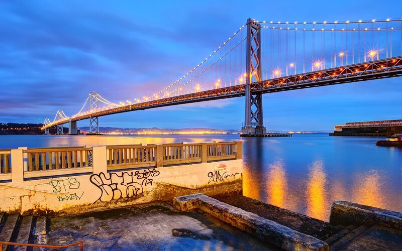 Sunset over Bay Bridge — Blue, Serene, Photograph, Water