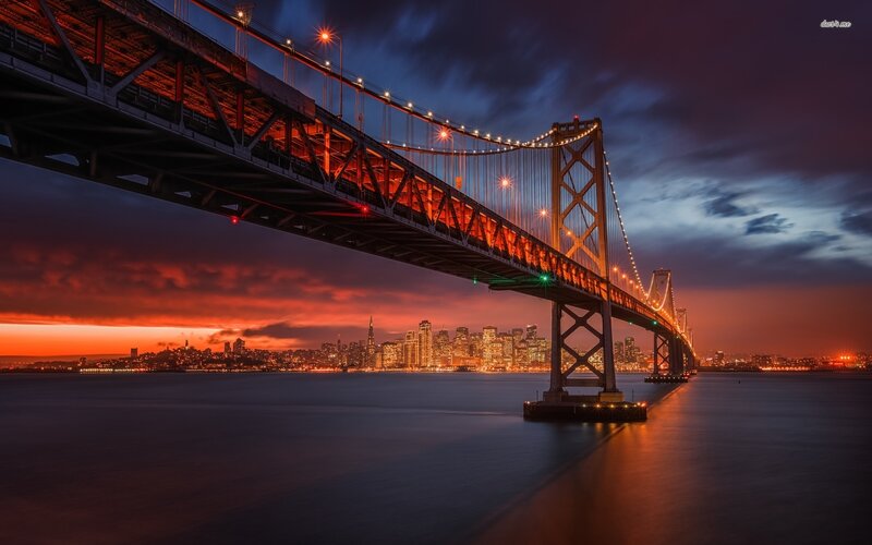 Sunset over Bay Bridge — Orange, Dramatic, Photograph, City Skyline