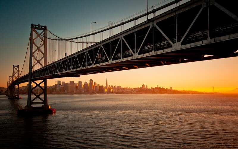 Sunset over Bay Bridge — Orange, Dramatic, Photograph, City Skyline, Water