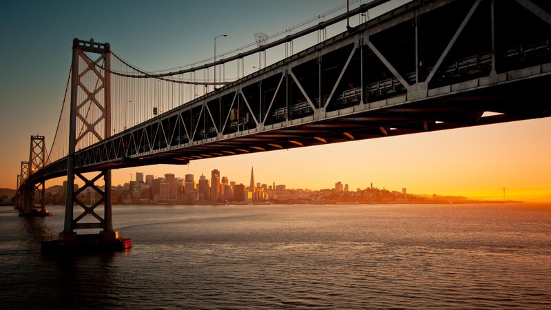 Sunset over Bay Bridge — Orange, Dramatic, Photograph