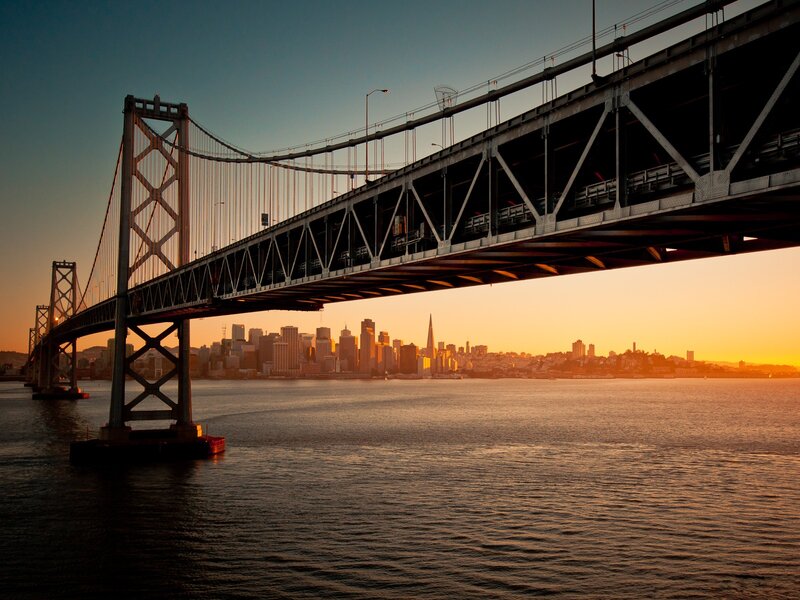 Sunset over Bay Bridge — Orange, Serene, Photograph, City Skyline, Water