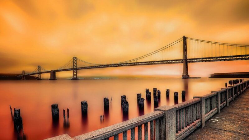 Sunset over Bay Bridge — Orange, Serene, Photograph