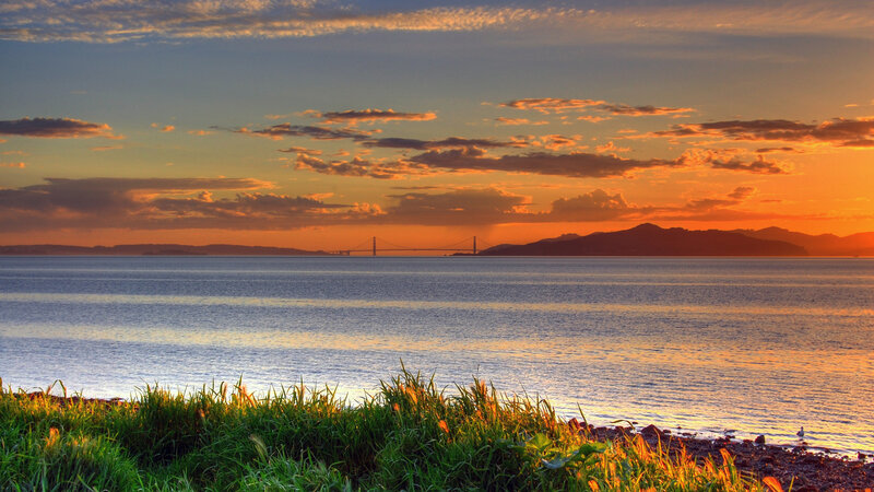 Sunset over Bay with Bridge