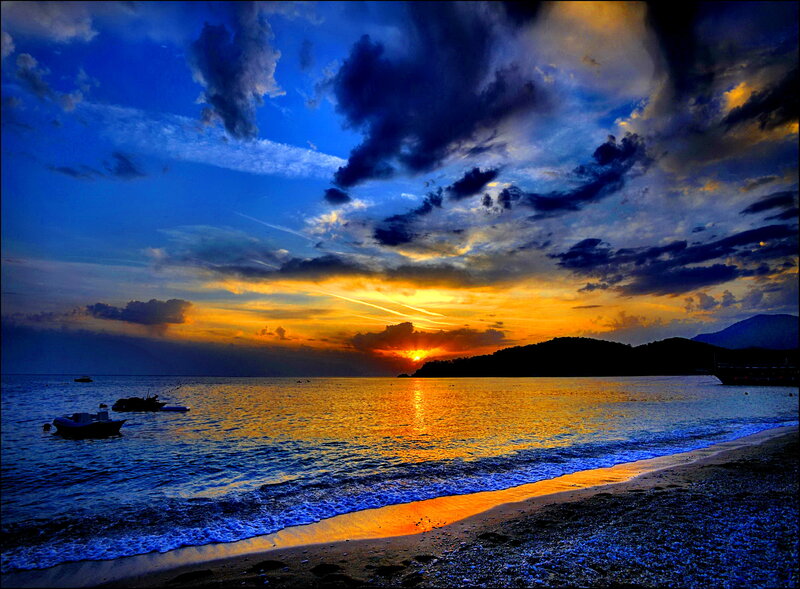 Sunset over Beach — Blue, Dramatic, Photograph, Boat