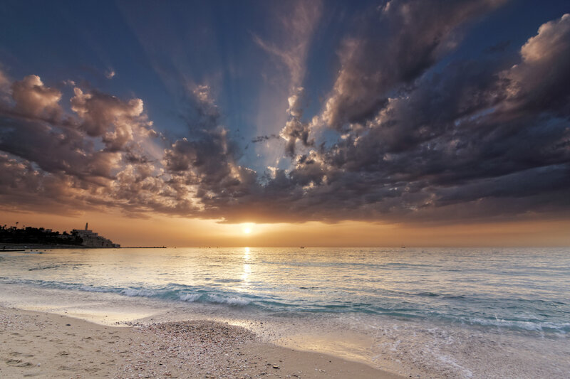 Sunset over Beach — Blue, Dramatic, Photograph, Clouds, Ocean