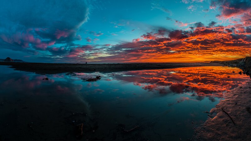 Sunset over Beach — Blue, Dramatic, Photograph, Clouds, Reflection