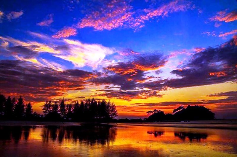 Sunset over Beach — Blue, Dramatic, Photograph, Clouds, Trees