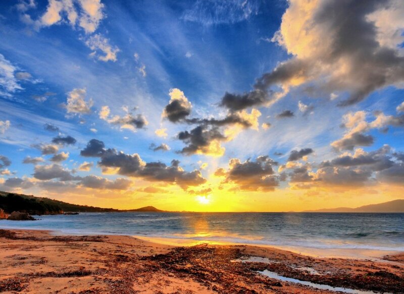 Sunset over Beach — Blue, Dramatic, Photograph, Ocean, Clouds