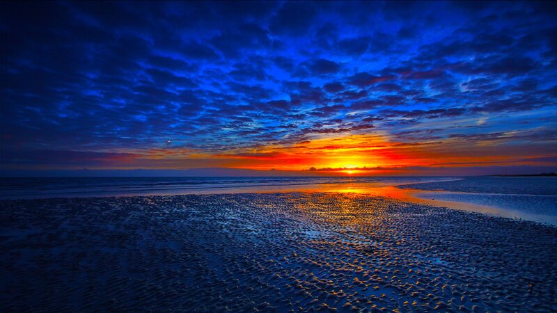 Sunset over Beach — Blue, Dramatic, Photograph, Ocean, Sky, Sand