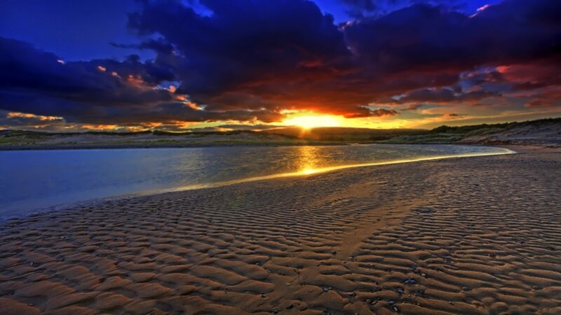 Sunset over Beach — Blue, Dramatic, Photograph, Sand