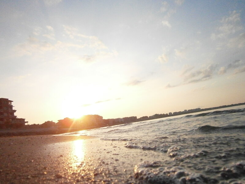 Sunset over Beach — Blue, Serene, Photograph, Buildings