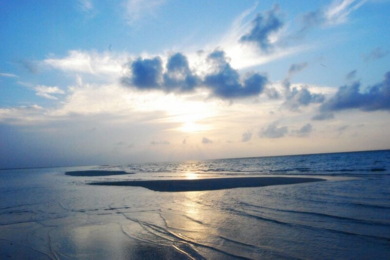Sunset over Beach — Blue, Serene, Photograph, Ocean, Clouds, Sandbar