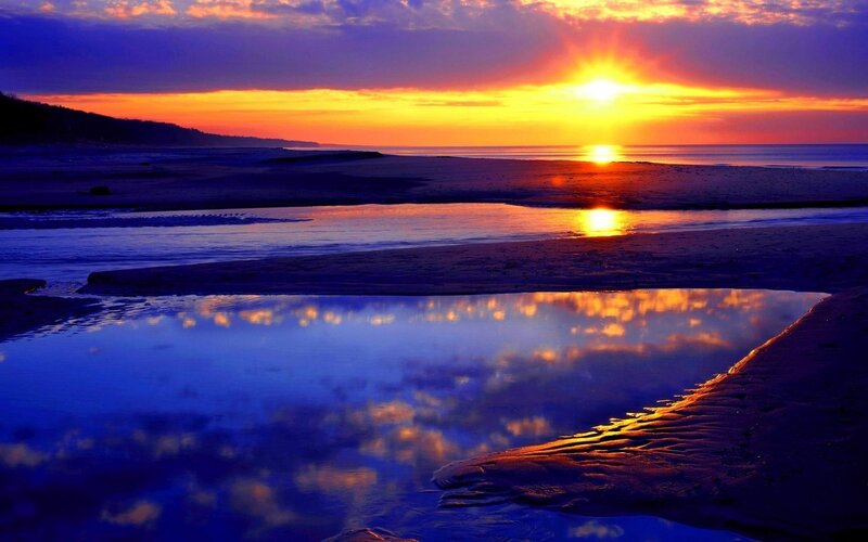 Sunset over Beach — Blue, Serene, Photograph, Ocean, Sky, Sand