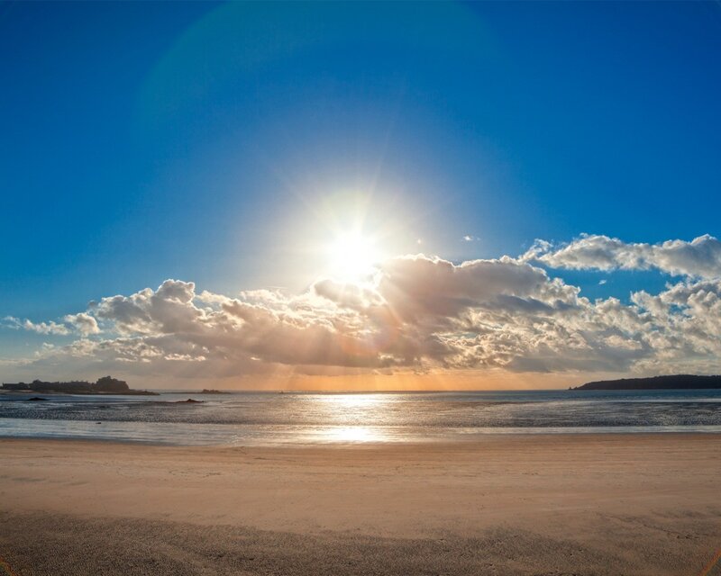 Sunset over Beach — Blue, Serene, Photograph, Sun, Clouds