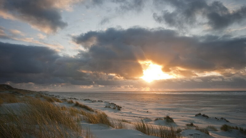 Sunset over Beach Dunes — Orange, Dramatic, Photograph, Sand Dunes