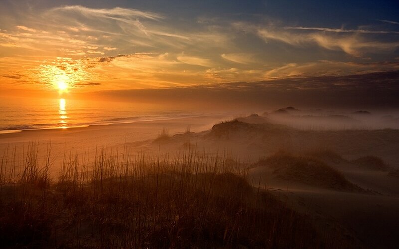 Sunset over Beach Dunes — Orange, Serene, Photograph, Ocean