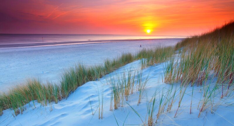 Sunset over Beach Dunes — Orange, Serene, Photograph, Sand
