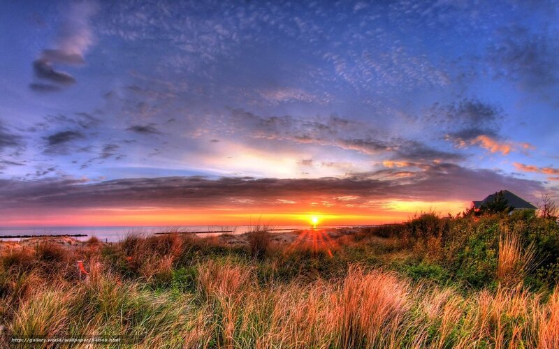 Sunset over Beach Dunes — Orange, Serene, Photograph, Sun, Ocean