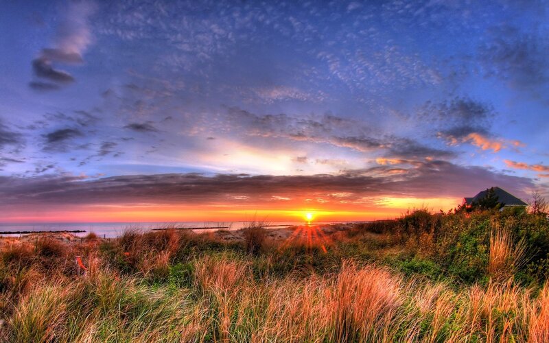 Sunset over Beach Dunes — Orange, Serene, Photograph, Sun