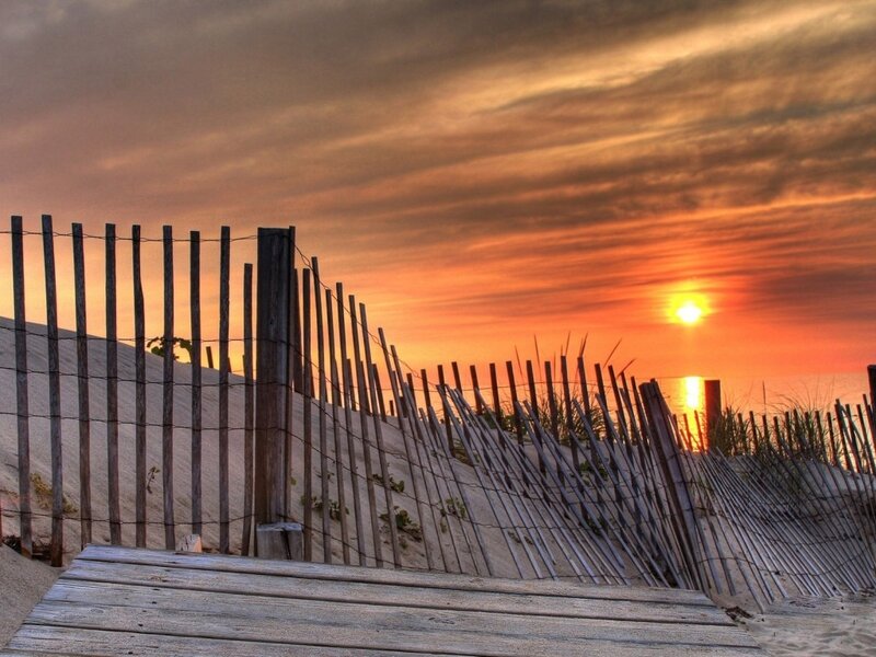Sunset over Beach Dunes — Orange, Serene, Photograph