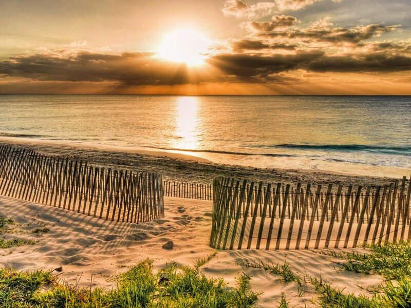 Sunset over Beach — Gold, Serene, Photograph, Fence