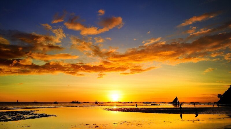 Sunset over Beach — Orange, Dramatic, Photograph, Boats, Silhouettes