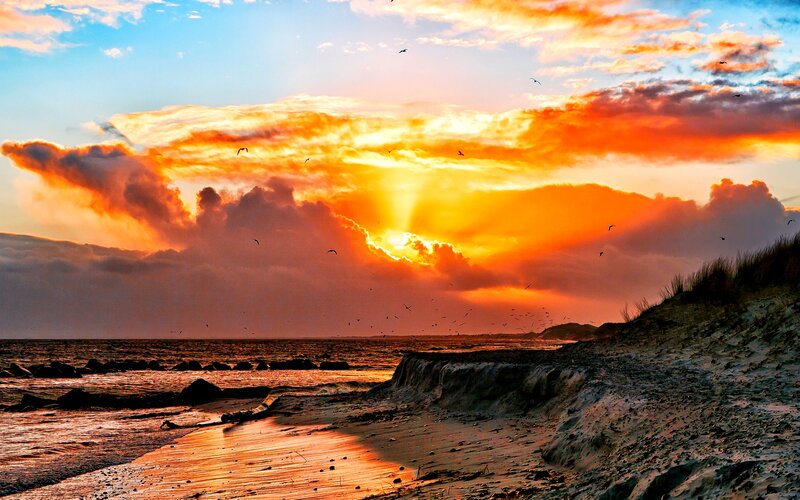 Sunset over Beach — Orange, Dramatic, Photograph, Clouds, Birds, Sand Dunes