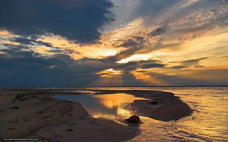 Sunset over Beach — Orange, Dramatic, Photograph, Clouds, Birds, Sand