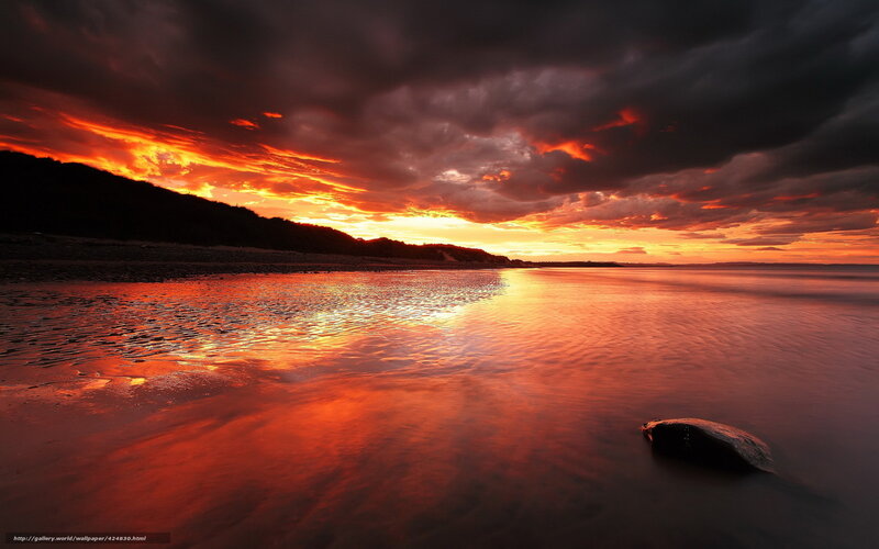Sunset over Beach — Orange, Dramatic, Photograph, Clouds, Sea