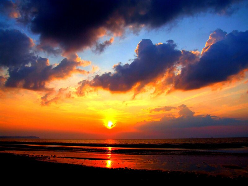 Sunset over Beach — Orange, Dramatic, Photograph, Clouds