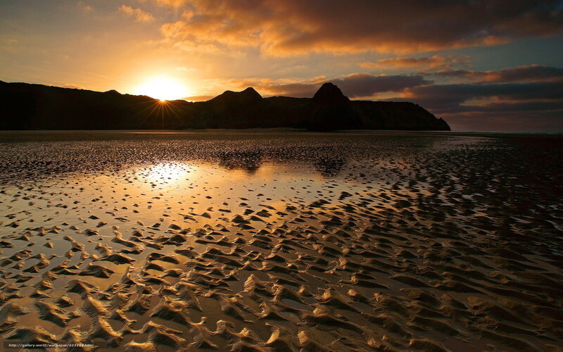 Sunset over Beach — Orange, Dramatic, Photograph, Mountains, Sky