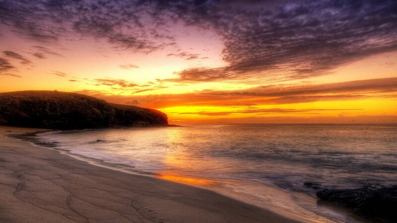Sunset over Beach — Orange, Dramatic, Photograph, Ocean, Cliff, Sky