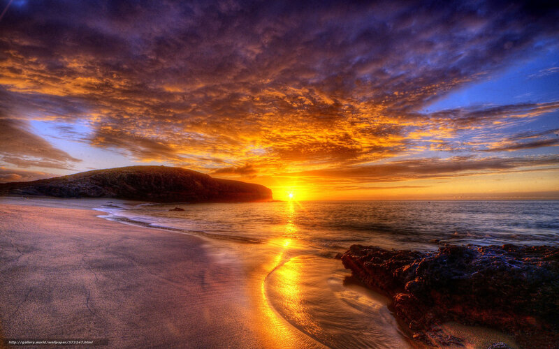 Sunset over Beach — Orange, Dramatic, Photograph, Ocean, Clouds, Rock