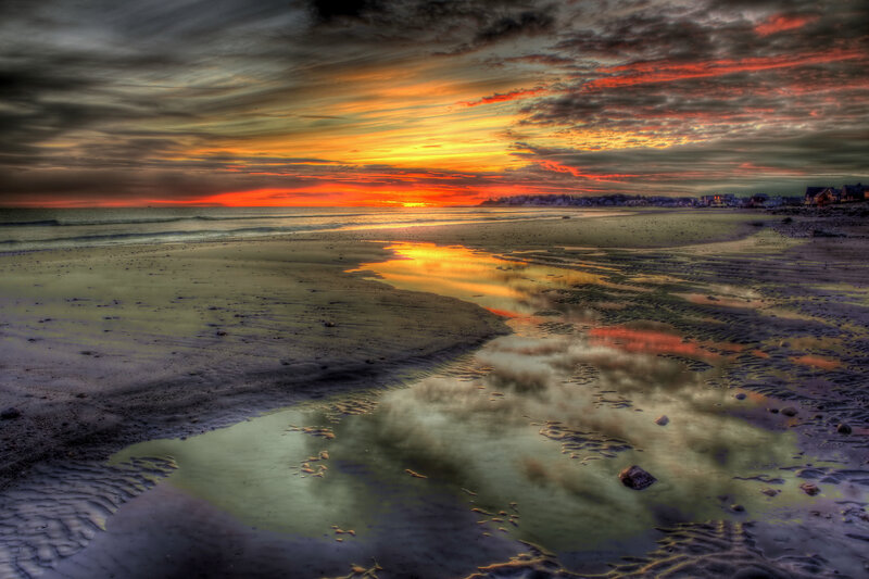 Sunset over Beach — Orange, Dramatic, Photograph, Ocean, Clouds, Sand