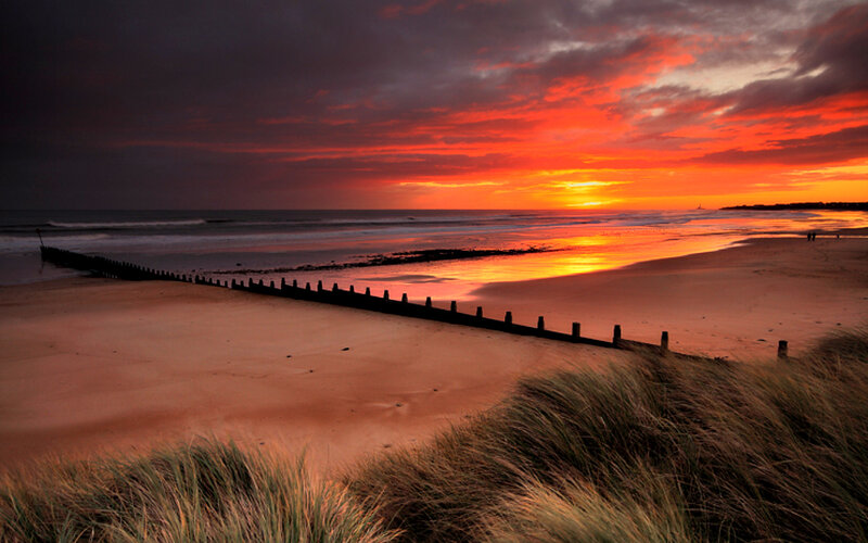 Sunset over Beach — Orange, Dramatic, Photograph, Ocean, Sand Dunes